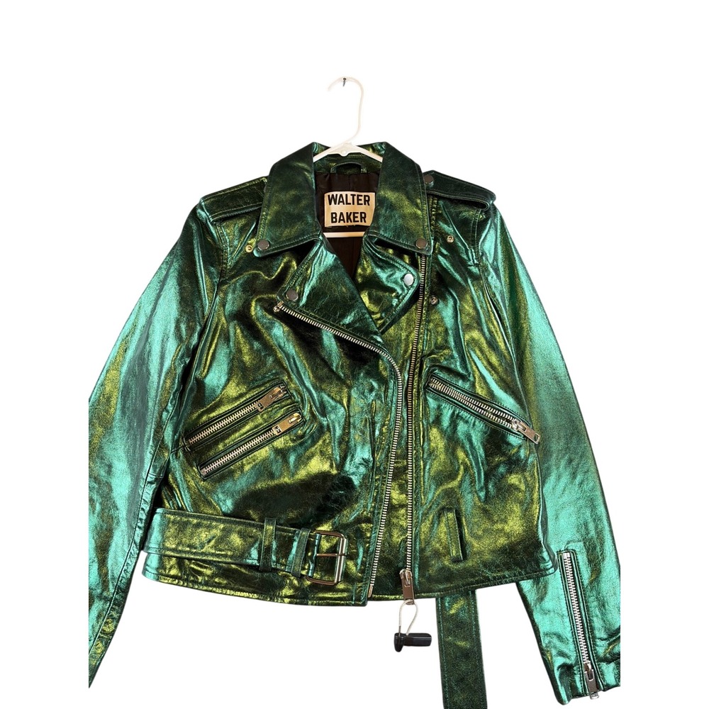 Walter Baker Metallic Green Lamb Leather Moto Jacket WB30585 Iridescent Biker